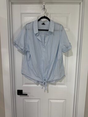 Beach Vibes a.n.a Light Blue & White Striped Button-Front Tie Hem Blouse
